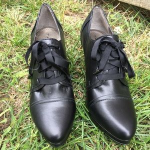 Black Leather Tahari Ribbon Laced Bootie Heels